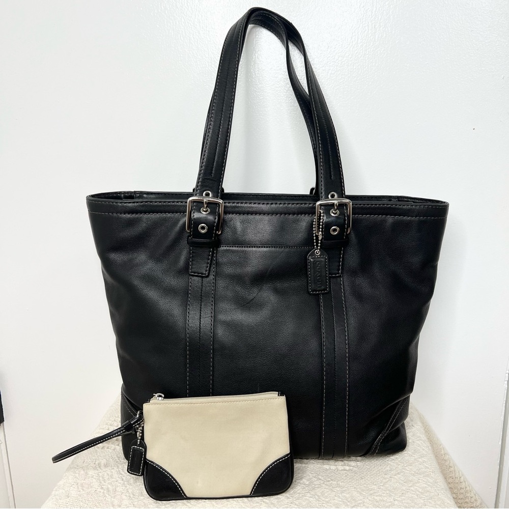 Coach Hampton Black Leather Tote Carryall Purse Bag F11202 with Wristlet